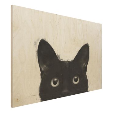 Obraz z drewna - Ilustracja czarnego kota na białym obrazie