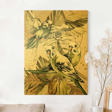 Złoty obraz na płótnie - Ptaki tropikalne - Zielone papużki nierozłączki