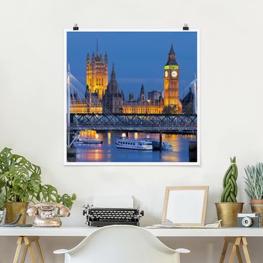 Plakat - Big Ben i Pałac Westminsterski w Londynie nocą