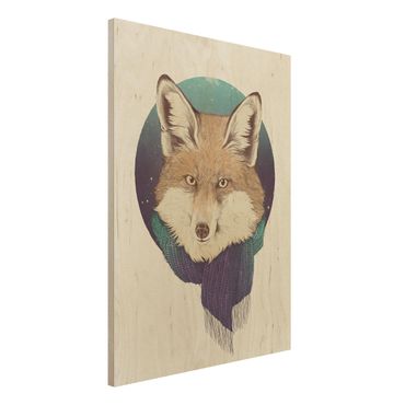 Obraz z drewna - Ilustracja Fox Moon Purpurowy turkusowy