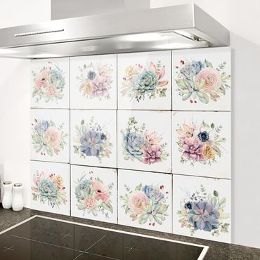 Panel szklany do kuchni - Akwarela Kwiaty Domek wiejski
