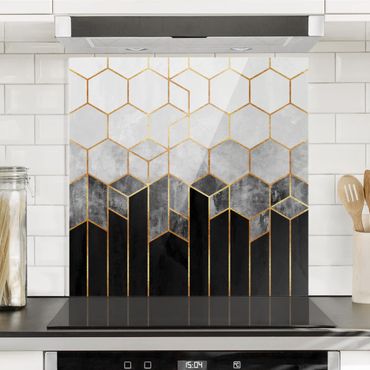 Panel szklany do kuchni - Złote sześciokąty czarno-biały