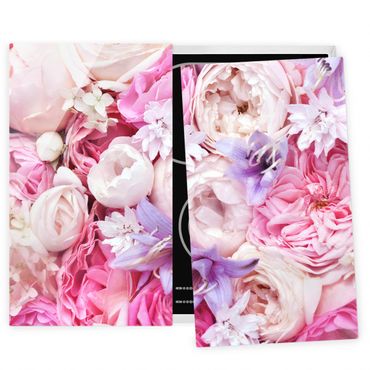 Szklana płyta ochronna na kuchenkę 2-częściowa - Róże w stylu shabby z kwiatami dzwonków