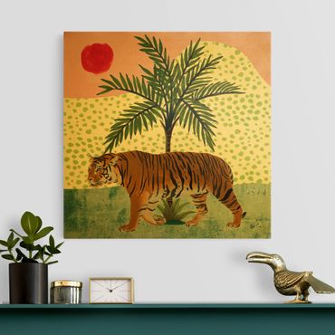 Złoty obraz na płótnie - Chodzący tygrys o poranku Czerwony