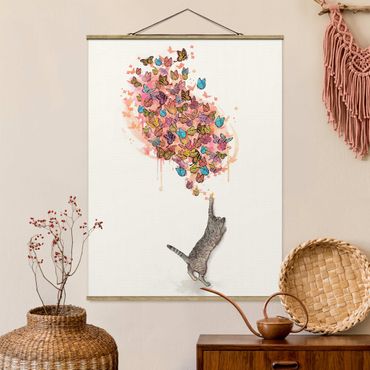 Plakat z wieszakiem - Ilustracja kot z kolorowymi motylami malarstwo