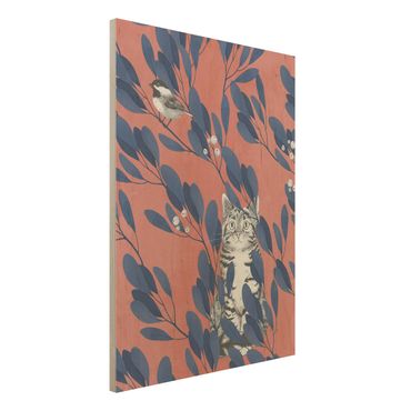 Obraz z drewna - Ilustracja przedstawiająca kota i ptaka na gałęzi Niebieskoczerwony