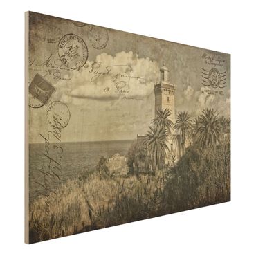Obraz z drewna - Latarnia morska i palmy - pocztówka w stylu vintage