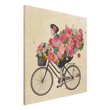 Obraz z drewna - Ilustracja Kobieta na rowerze Kolaż kolorowych kwiatów