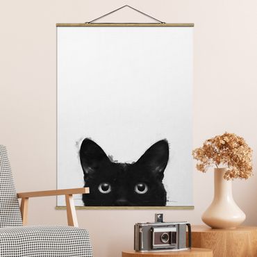 Plakat z wieszakiem - Ilustracja czarnego kota na białym obrazie