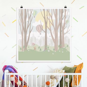 Plakat - Słońce z drzewami i balonami na ogrzane powietrze