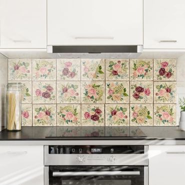 Panel szklany do kuchni - Róże i hortensje w stylu vintage