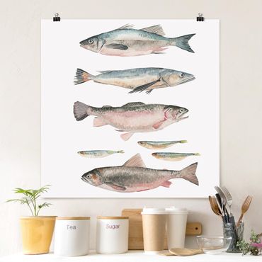 Plakat - Siedem rybek w akwareli I