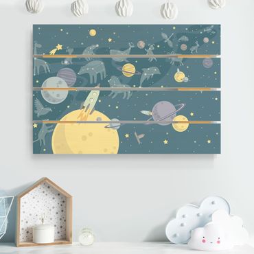 Obraz z drewna - Planety ze znakami zodiaku i rakietami