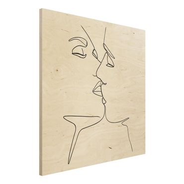 Obraz z drewna - Line Art Pocałunek twarzy czarno-biały