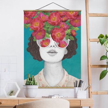 Plakat z wieszakiem - Ilustracja portret kobiety Kolaż z kwiatami Okulary