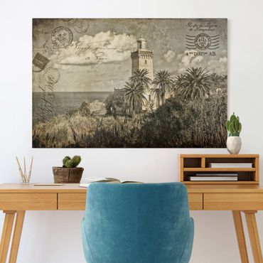 Obraz na płótnie - Latarnia morska i palmy - pocztówka w stylu vintage