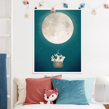 Plakat - Ilustracja królik Księżyc Balon na ogrzane powietrze Gwieździste niebo