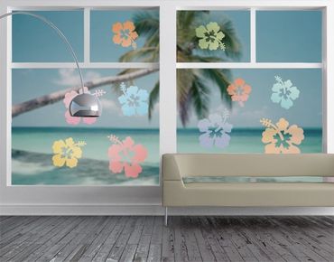 Naklejka na okno - Kwiaty hibiskusa w pastelach