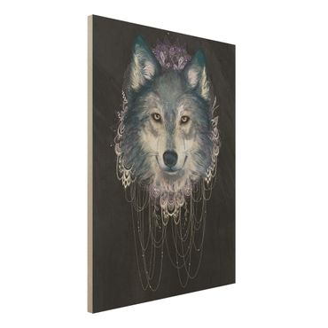 Obraz z drewna - Ilustracja wilka z boho łowcą snów Czarna