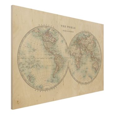 Obraz z drewna - Mapa świata w stylu vintage Dwie półkule