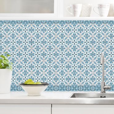 Panel ścienny do kuchni - Płytka geometryczna Mix kwiatów niebieski szary