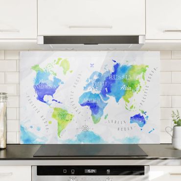 Panel szklany do kuchni - Mapa świata akwarela niebiesko-zielona