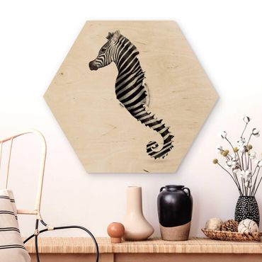 Obraz heksagonalny z drewna - Konik morski w paski zebry