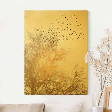 Złoty obraz na płótnie - Stado ptaków na tle złotego drzewa