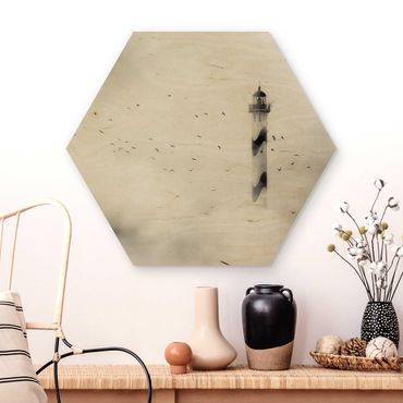 Obraz heksagonalny z drewna - Latarnia morska we mgle