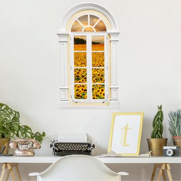Naklejka na ścianę - Okno śródziemnomorskie Pole ze słonecznikami