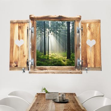 Naklejka na ścianę - Okno z sercem oświeconym lasem