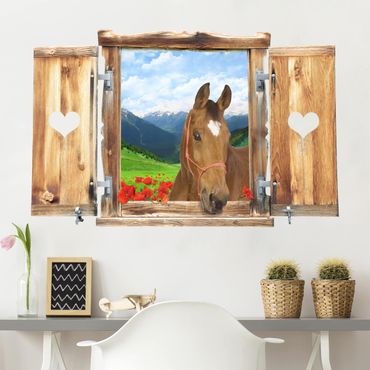 Naklejka na ścianę - Okno z sercem i koniem Alpejska łąka