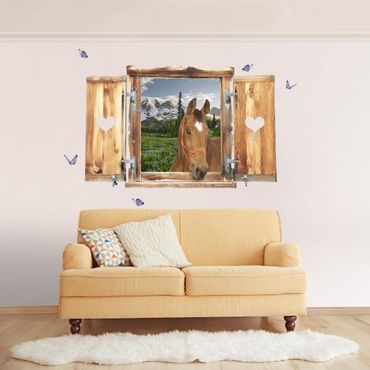 Naklejka na ścianę - Okno z sercem i koniem Widok na góry Ścieżka na łące