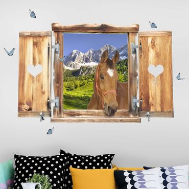 Naklejka na ścianę - Okno z sercem i koniem Alpejska łąka w Styrii