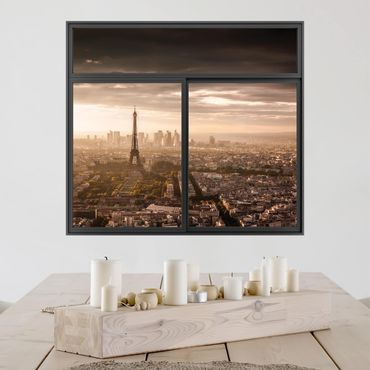 Naklejka na ścianę - Okno czarne Wspaniały widok na Paryż