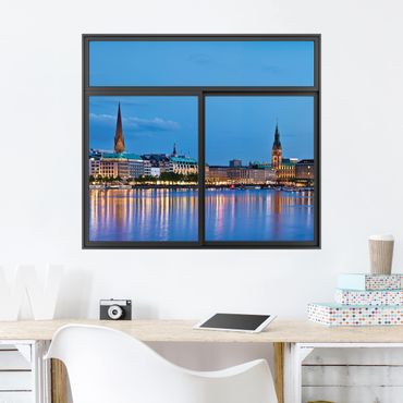 Naklejka na ścianę - Okno czarne Hamburg Skyline