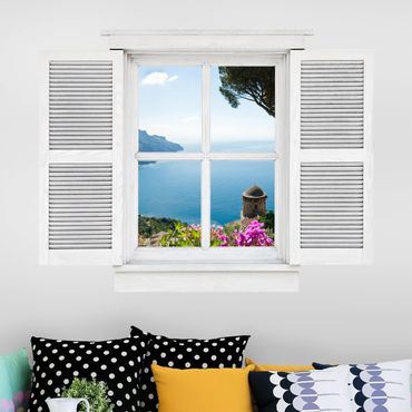Naklejka na ścianę - Okno skrzydłowe Widok na morze z ogrodu