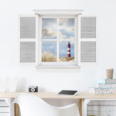 Naklejka na ścianę - Okno skrzydłowe Latarnia morska na wydmach