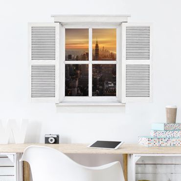 Naklejka na ścianę - Okno skrzydłowe Manhattan Skyline Wieczorny nastrój