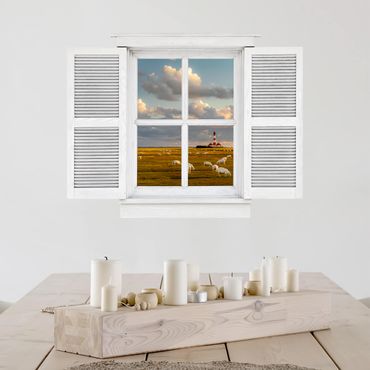 Naklejka na ścianę - Okno skrzydłowe latarni morskiej na Morzu Północnym ze stadem owiec