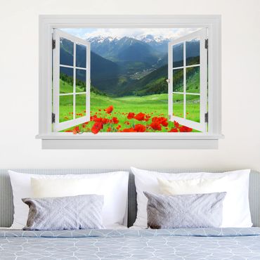 Naklejka na ścianę - Otwarte okno Alpejska łąka i maki