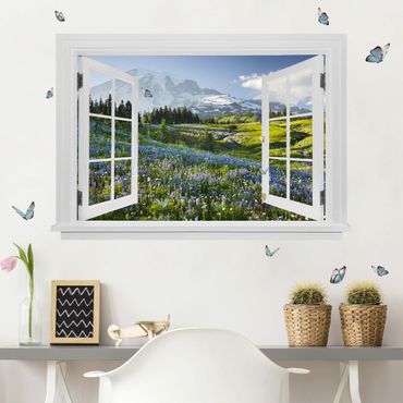 Naklejka na ścianę - Otwarte okno Łąka górska z kwiatami na tle góry Rainier i motyli