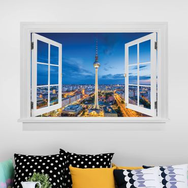 Naklejka na ścianę - Otwarte okno panorama Berlina w nocy z wieżą telewizyjną