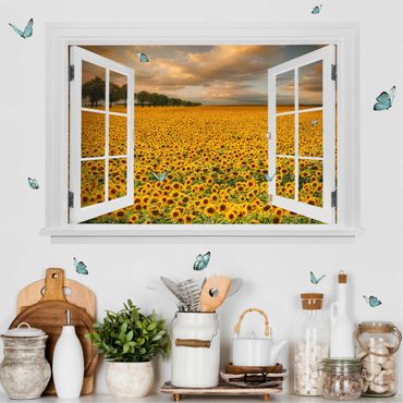 Naklejka na ścianę - Otwarte okno pole z kwiatami słonecznika