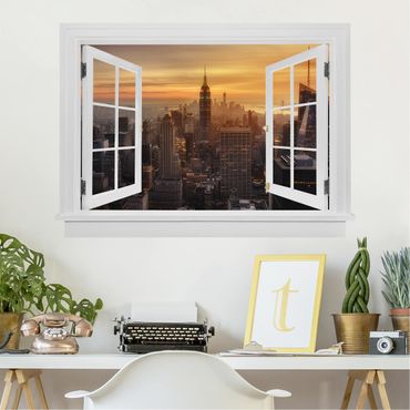 Naklejka na ścianę - Otwarte okno Manhattan Skyline Wieczorny nastrój