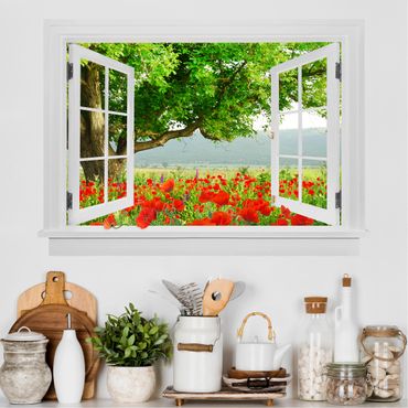 Naklejka na ścianę - Otwarte okno Letnia łąka z skrzynką na kwiaty