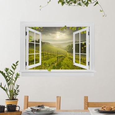 Naklejka na ścianę - Otwarte okno, promienie słońca Winnica z winoroślą i winogronami