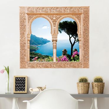 Naklejka na ścianę - Ornatowe okno Widok na ogród i morze