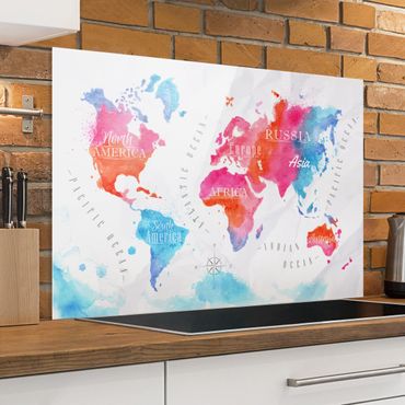 Panel szklany do kuchni - Mapa świata akwarela czerwona niebieska