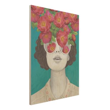 Obraz z drewna - Ilustracja portret kobiety Kolaż z kwiatami Okulary
